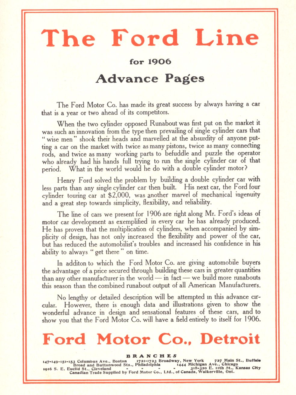 1906 Ford Advance Brochure Page 1